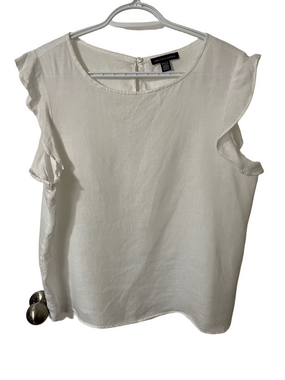 Saks Fifth Avenue White Linen Ruffle Cap-Sleeve Blouse Size Large